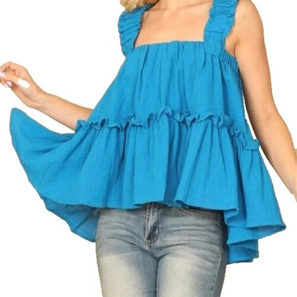 Gauzy Layered Ruffle Cropped Cami Romantic Babydoll - Picture 1 of 5